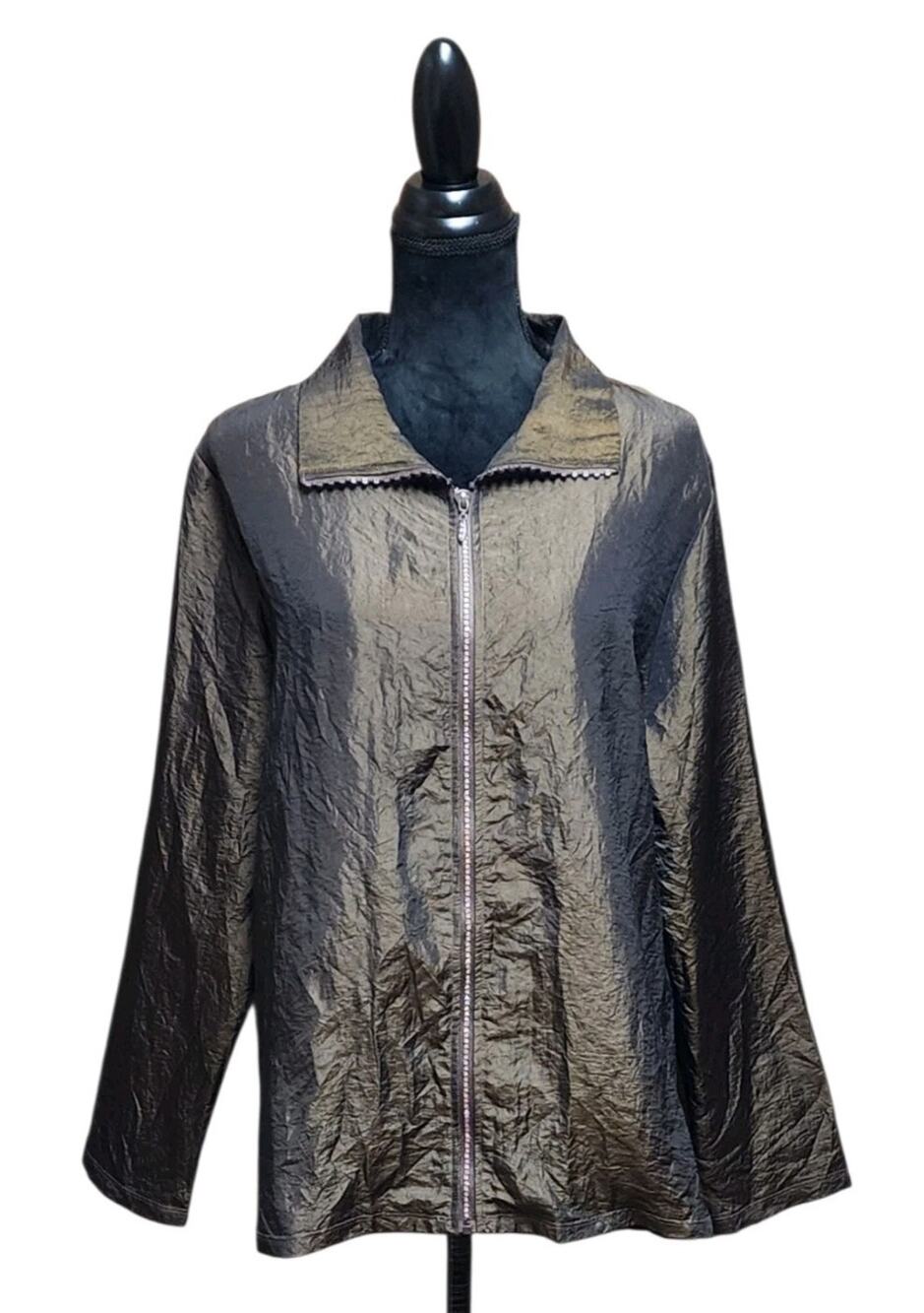 Cactus Brand Brown Crinkle Fabric Women's Rhinestone Zip Jacket Size XL USA